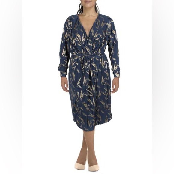 Rachel Roy Sylvia Foil Printed Wrap Dress Navy and Gold - Picture 4 of 4